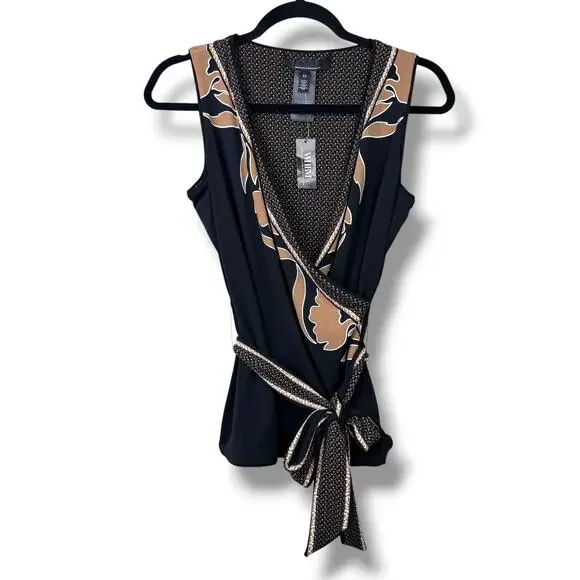 NEW White House Black Market WHBM Medallion Jersey Reversible Belted Blouse - Picture 2 of 8